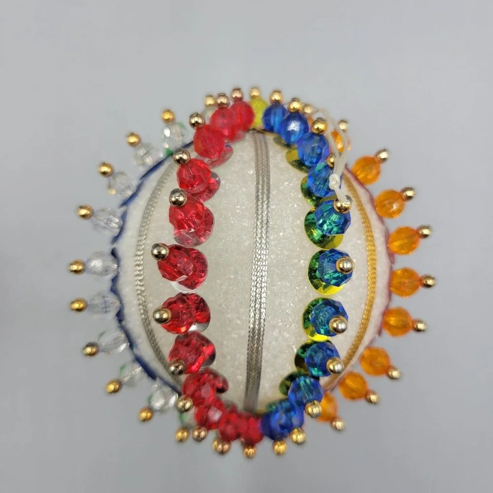 Vintage Set Of 5 Handmade Satin Thread Christmas Ornaments Push Pin Beaded Retro
